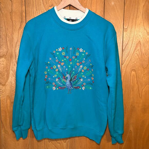 Vintage Teal Peacock Embroidered Sweatshirt Crewneck Pullover Unisex M - Picture 1 of 5